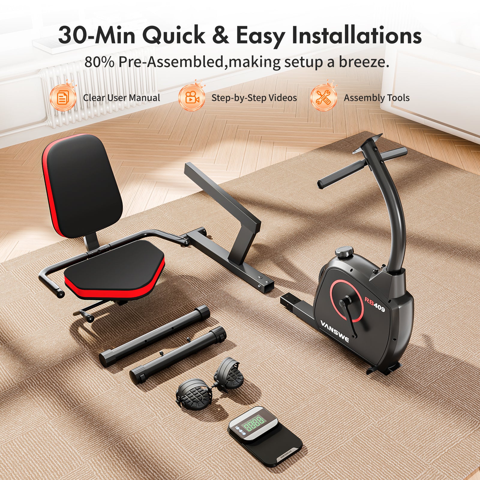 RB409 compact recumbent exercise bike components laid out for quick 30-minute installation, showing pre-assembled parts, tools, and simple setup process.