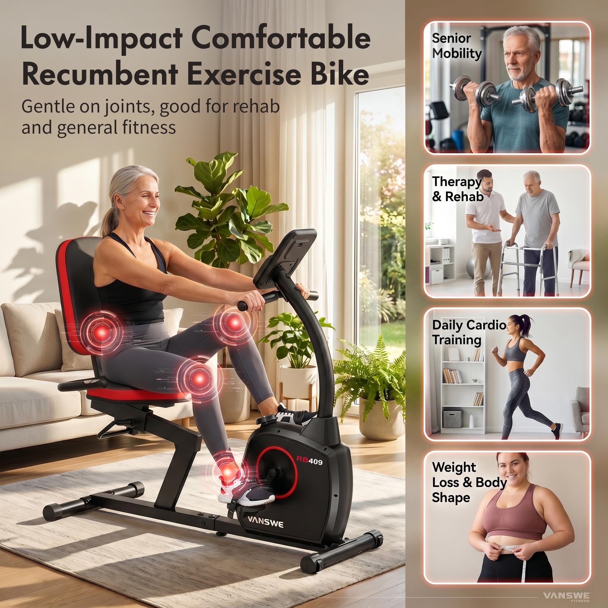 Woman using RB409 compact recumbent exercise bike in a bright living room, demonstrating low-impact comfort for joints, rehab support, and daily cardio training.