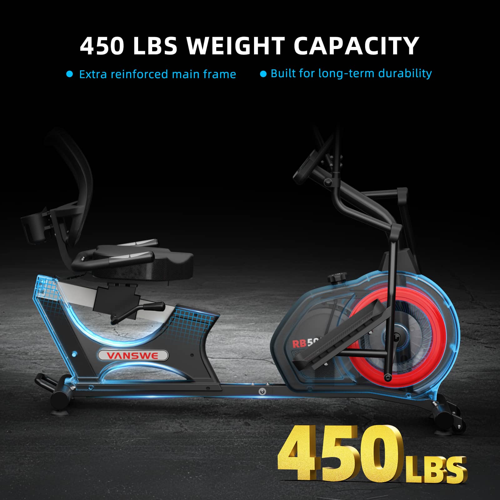 Vanswe RB505 recumbent bike showing its reinforced steel frame and 450 lbs weight capacity for long-term durability.