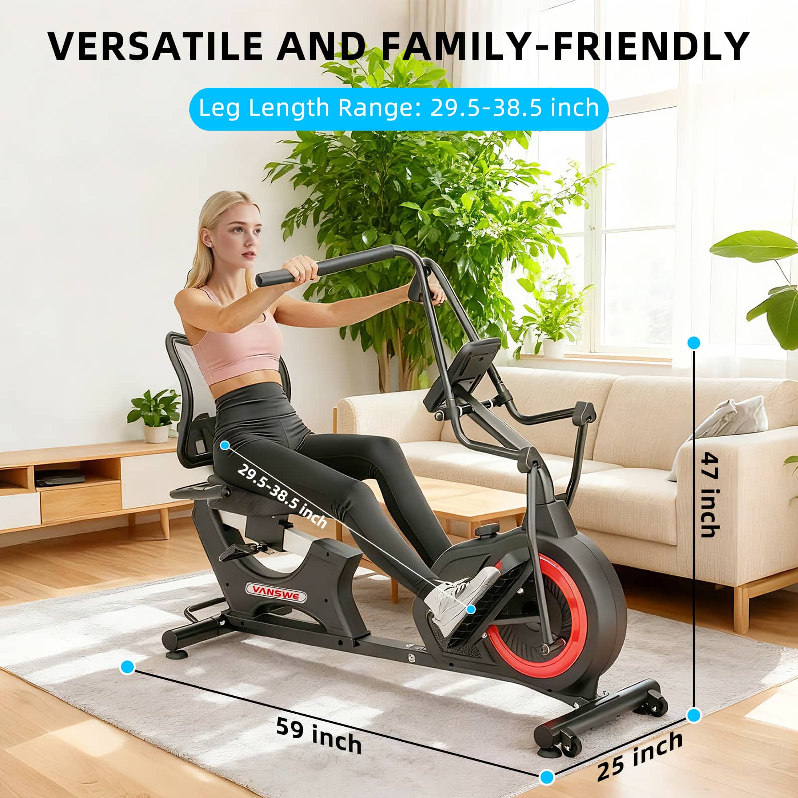 Woman using the Vanswe RB505 recumbent bike with dimensions displayed, including a 59-inch length, 25-inch width, 47-inch height, and a leg length range of 29.5 to 38.5 inches, showing its family-friendly adjustability.