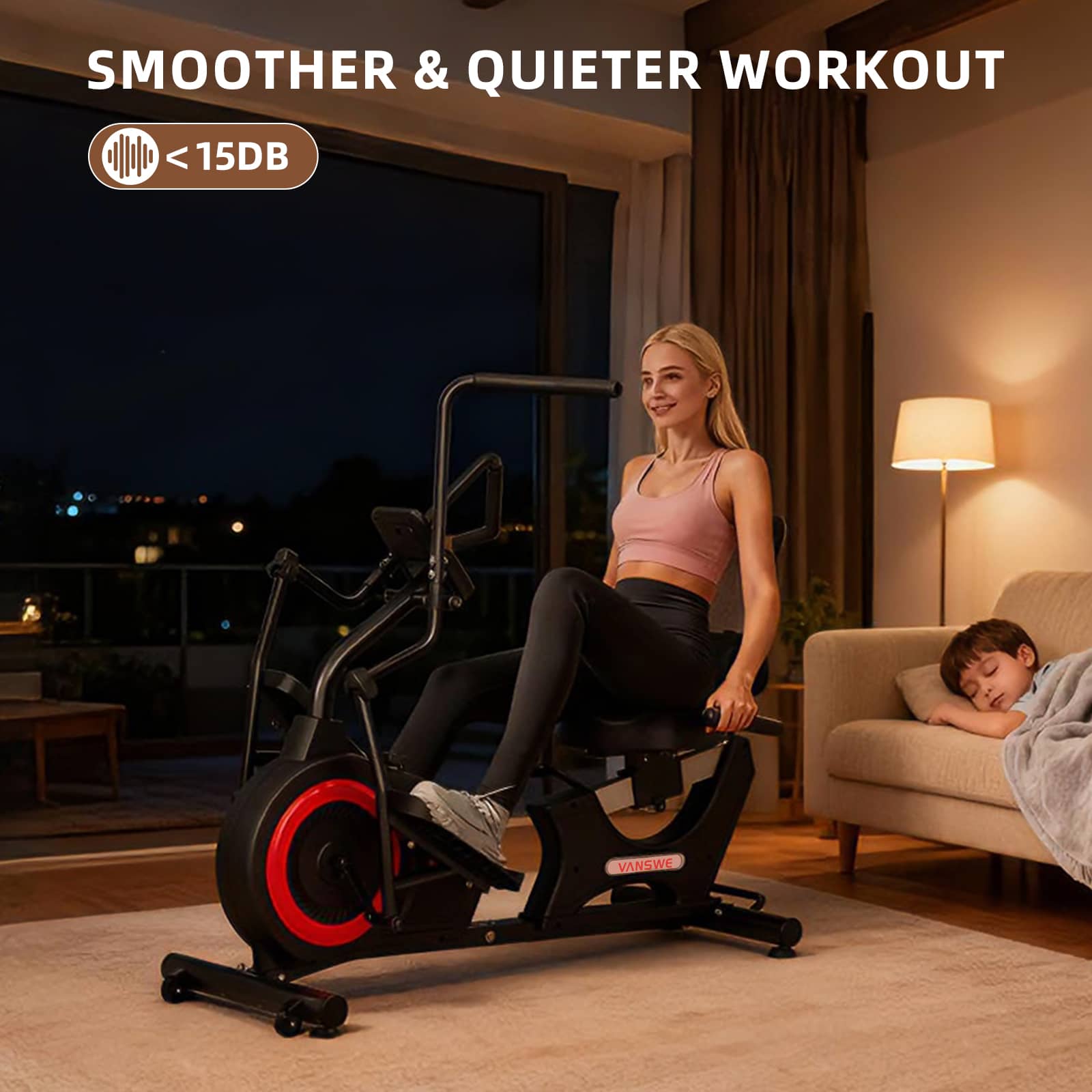 Woman using the Vanswe RB505 recumbent bike during a quiet night workout while a child sleeps on the sofa, highlighting the ultra-quiet belt drive under 15 dB.