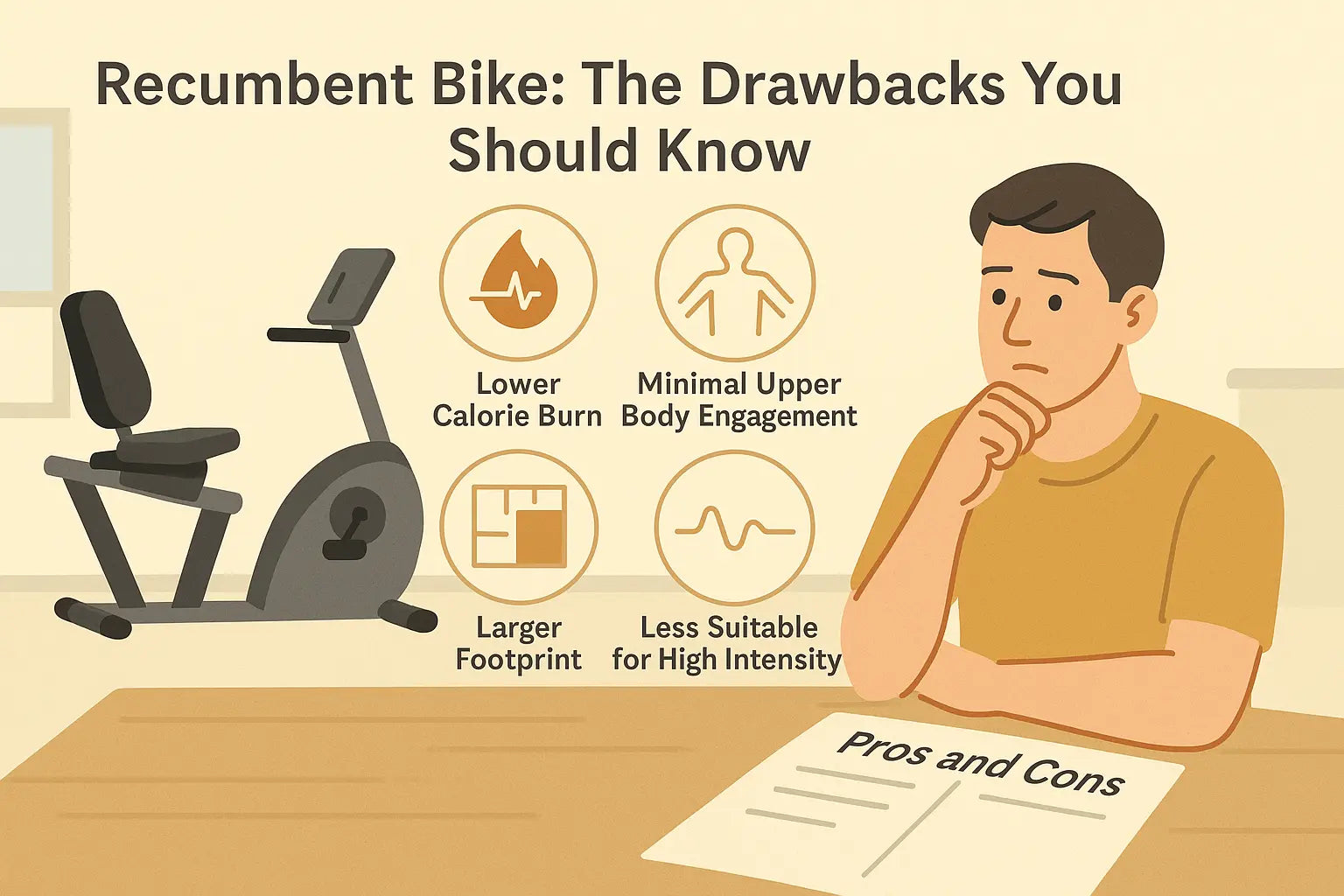Man thinking while looking at a recumbent exercise bike, with icons showing lower calorie burn, minimal upper body engagement, larger footprint, and less suitability for high-intensity workouts.