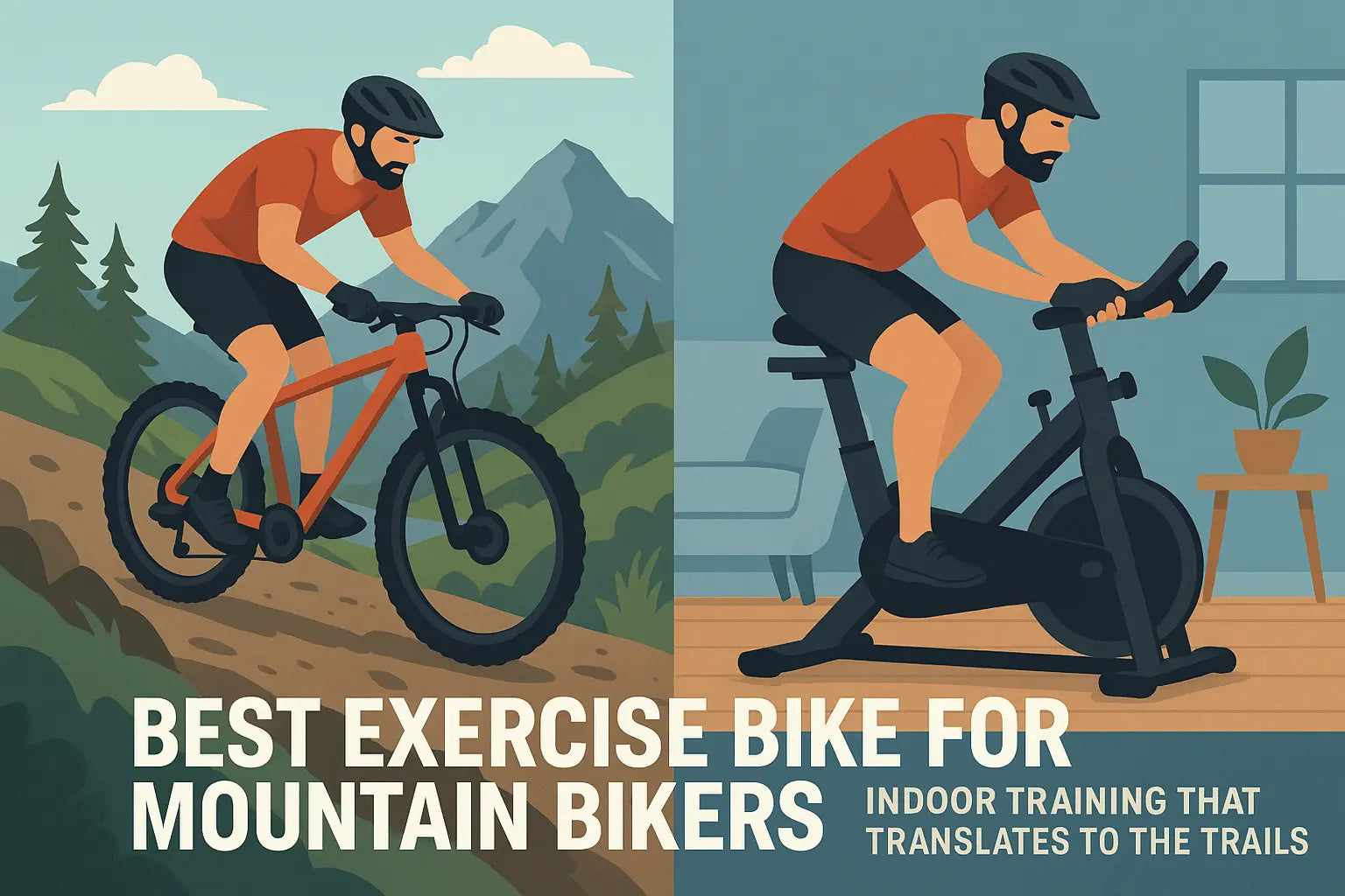 A mountain biker riding on a rugged outdoor trail next to the same rider training indoors on a stationary bike, showing the connection between outdoor and indoor cycling.