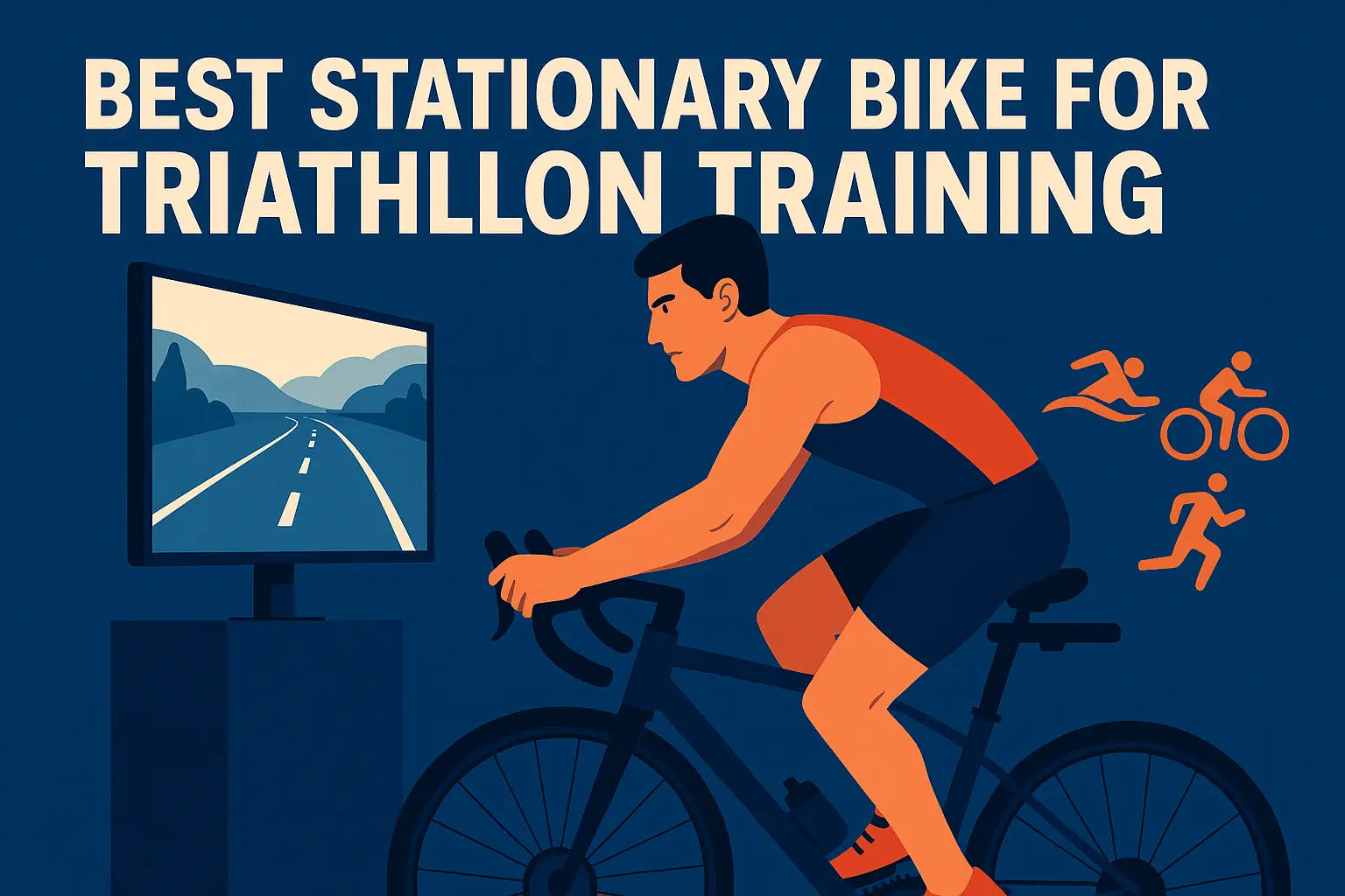 A triathlete in cycling gear trains indoors on a stationary bike, watching a virtual road on the screen with triathlon icons in the background.