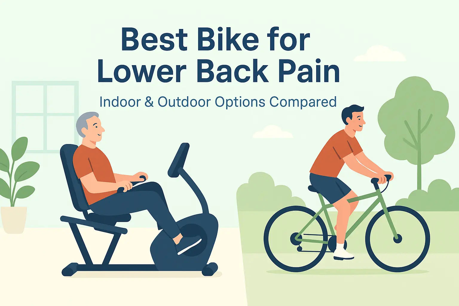 a man riding a recumbent exercise bike indoors with back support and another man cycling upright outdoors, highlighting bike options for lower back pain.