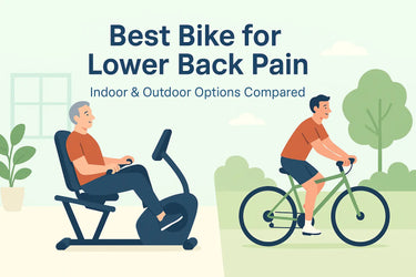 a man riding a recumbent exercise bike indoors with back support and another man cycling upright outdoors, highlighting bike options for lower back pain.