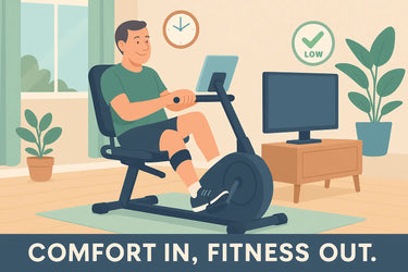 Middle-aged man comfortably riding a recumbent exercise bike at home while watching TV, with a relaxed expression and a Low Impact sign in the background.