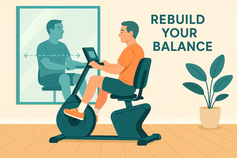 A middle-aged man pedals a recumbent exercise bike in a bright home setting, focusing on posture and balance, with his reflection showing symmetry in a wall mirror beside him.        Ask ChatGPT