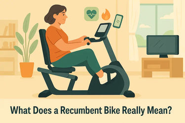 Middle-aged woman riding a recumbent exercise bike at home, with icons showing heart rate, calories, and a connected app, in a calm living room setting.