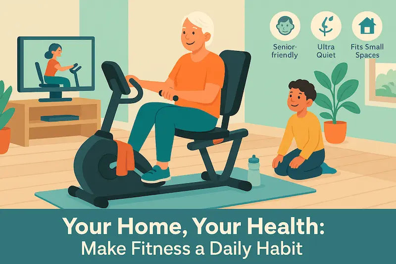 An elderly couple using a recumbent exercise bike in a bright, cozy living room, with their adult son standing beside them, smiling and holding a book.