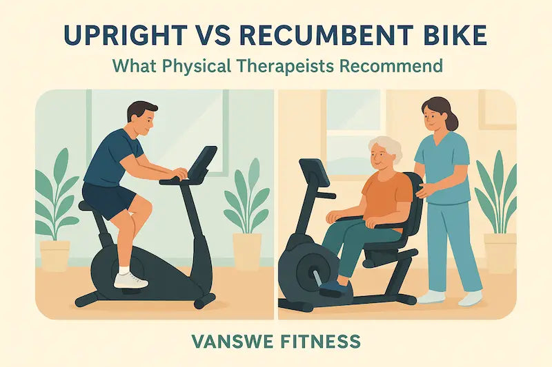 Illustration comparing upright and recumbent bikes. a man rides an upright bike on the left, while an older woman uses a recumbent bike with a physical therapist beside her on the right. 