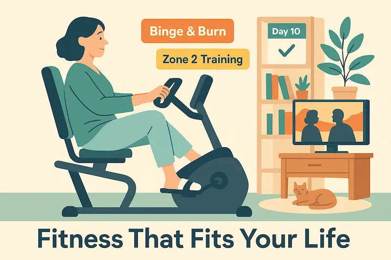 A woman in cozy home clothes rides a recumbent bike in her living room while watching TV, with a bookshelf, houseplants, and a cat nearby, creating a relaxed and comfortable fitness setting.