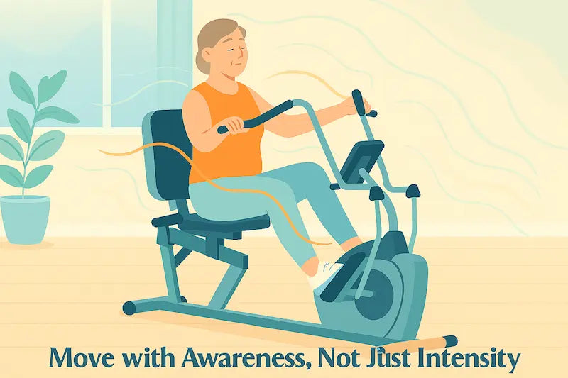 A middle-aged woman calmly exercises on a recumbent cross trainer in a sunlit living room, with gentle waves and the phrase Move with Awareness, Not Just Intensity.