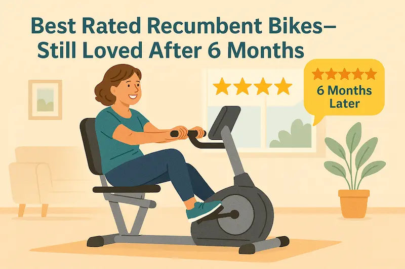 A middle-aged woman rides a recumbent bike in a cozy living room, smiling and relaxed. A five-star rating and “6 Months Later” badge highlight long-term satisfaction.