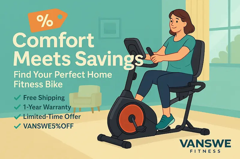 Middle-aged woman riding a recumbent bike in a cozy living room, with text highlighting a Vanswe Fitness sale offering free shipping, a 1-year warranty, and a discount code.