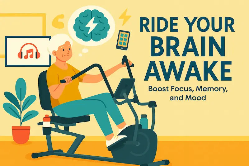 Elderly woman riding a recumbent elliptical bike at home, smiling while looking at a tablet, with brain and music icons around her, promoting both physical and mental fitness.