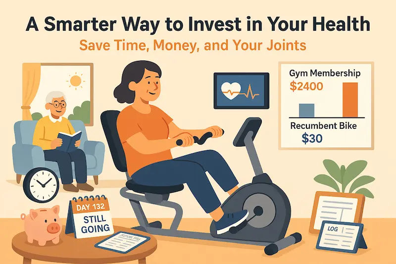 ChatGPT said: Middle-aged woman exercising on a recumbent bike at home, with a piggy bank, calendar, and cost comparison chart showing long-term savings over a gym membership.