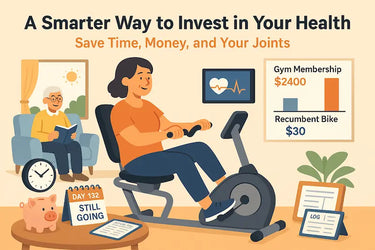 ChatGPT said: Middle-aged woman exercising on a recumbent bike at home, with a piggy bank, calendar, and cost comparison chart showing long-term savings over a gym membership.