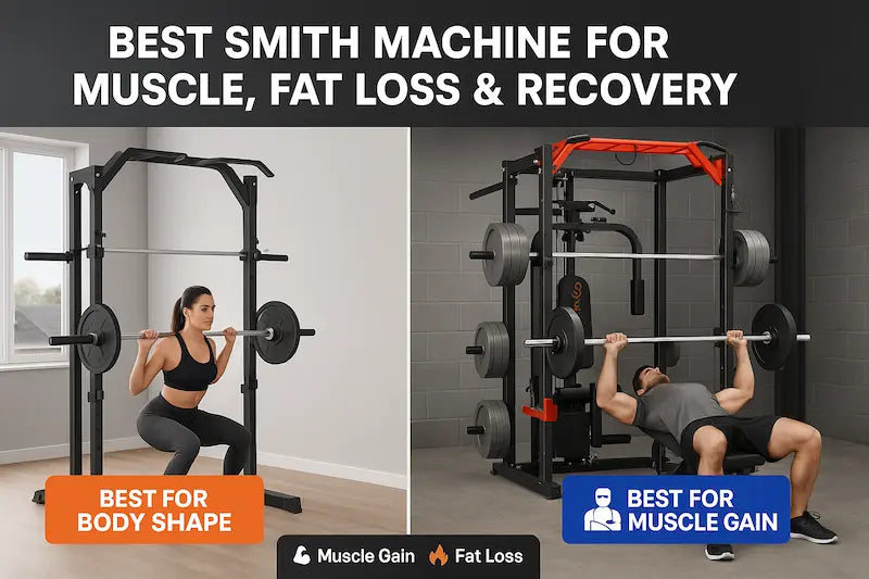Side-by-side view of two Smith machines in home gym settings—GW1000 on the left with a woman squatting, and GW2000 on the right with a man bench pressing—highlighting their different fitness goals.