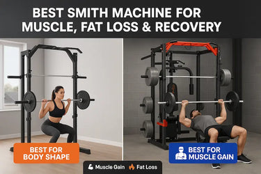 Side-by-side view of two Smith machines in home gym settings—GW1000 on the left with a woman squatting, and GW2000 on the right with a man bench pressing—highlighting their different fitness goals.