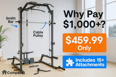 GW1000 Compact Smith Machine in a home gym setting, showing its Smith bar and cable pulley system, with price and features highlighted.