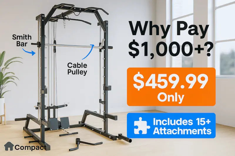 GW1000 Compact Smith Machine in a home gym setting, showing its Smith bar and cable pulley system, with price and features highlighted.