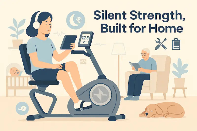 A woman pedals quietly on a recumbent exercise bike while watching a tablet, with a baby sleeping nearby, an elderly man reading, and a dog resting peacefully on the floor—capturing a calm, family-friendly home workout scene.