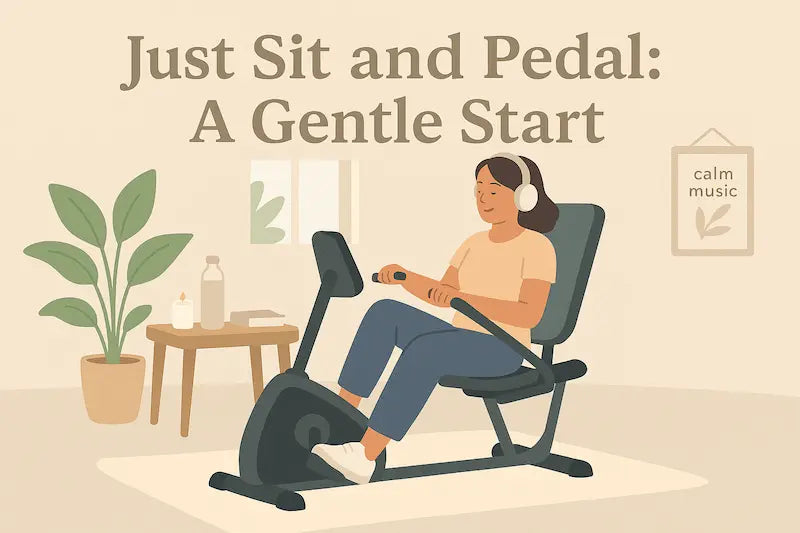 A woman pedals a recumbent bike in a cozy, sunlit room, wearing headphones and relaxed clothes, surrounded by calming elements like a plant, candle, and soft lighting.