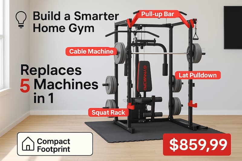 The GW2000 All-in-One Smith Machine in a modern home gym setup, labeled to show how it replaces five machines—squat rack, cable machine, lat pulldown, bench, and pull-up bar—with tags highlighting its compact footprint and price of $859.99.