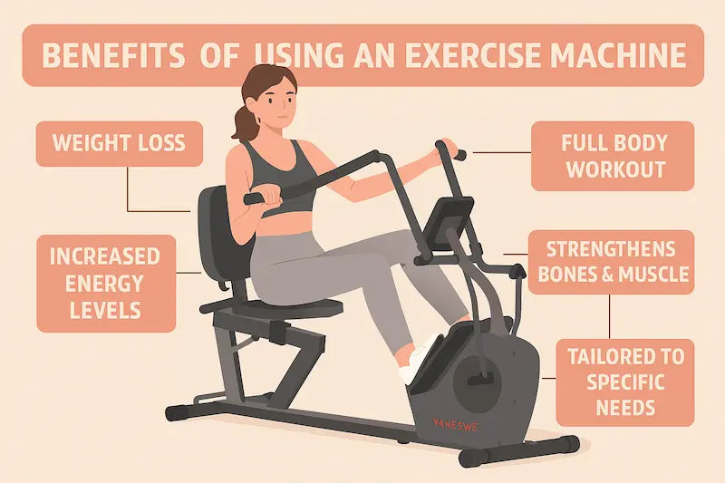 A flat-style illustration of a woman using a recumbent cross trainer exercise bike, with labeled benefits including weight loss, full-body workout, increased energy, and joint-friendly design.