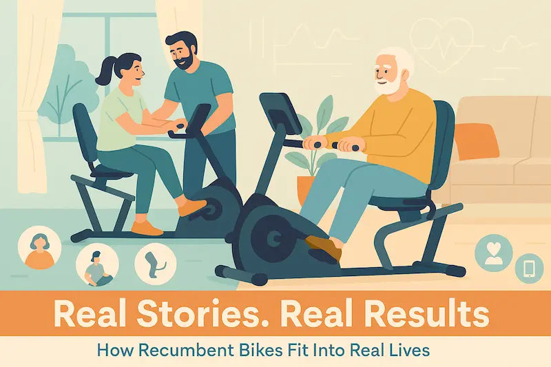 Illustration of different people using a recumbent stationary bike at home, highlighting comfort, recovery, and family-friendly fitness.