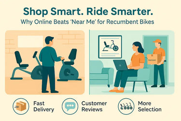 Side-by-side illustration comparing in-store and online shopping for a recumbent bike—showing limited options in a store versus fast delivery, reviews, and more choices online.