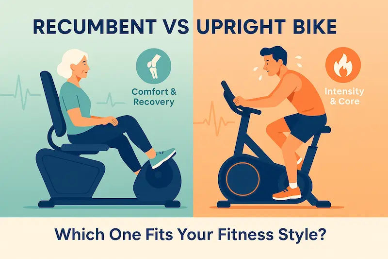 comparing recumbent and upright exercise bikes, showing different user types and riding postures.