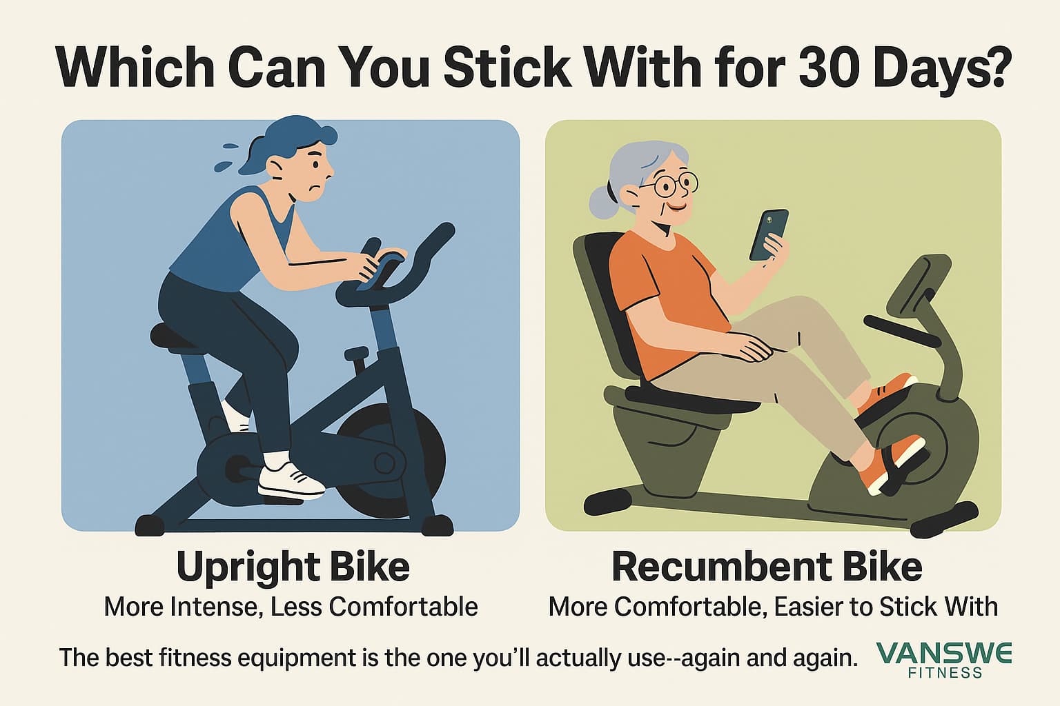A side-by-side flat-style illustration comparing an upright bike and a recumbent bike. On the left, a younger woman sweats while riding an upright bike. On the right, an older woman smiles and checks her phone while using a recumbent bike
