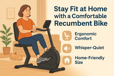 Middle-aged woman cycling on a recumbent exercise bike in a cozy home setting, with icons highlighting comfort, quiet operation, and space efficiency