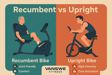 Comparing a recumbent bike and an upright bike. On the left, an older man sits comfortably on a recumbent bike with back support and forward-placed pedals. On the right, a younger man rides an upright bike in a forward-leaning posture. 