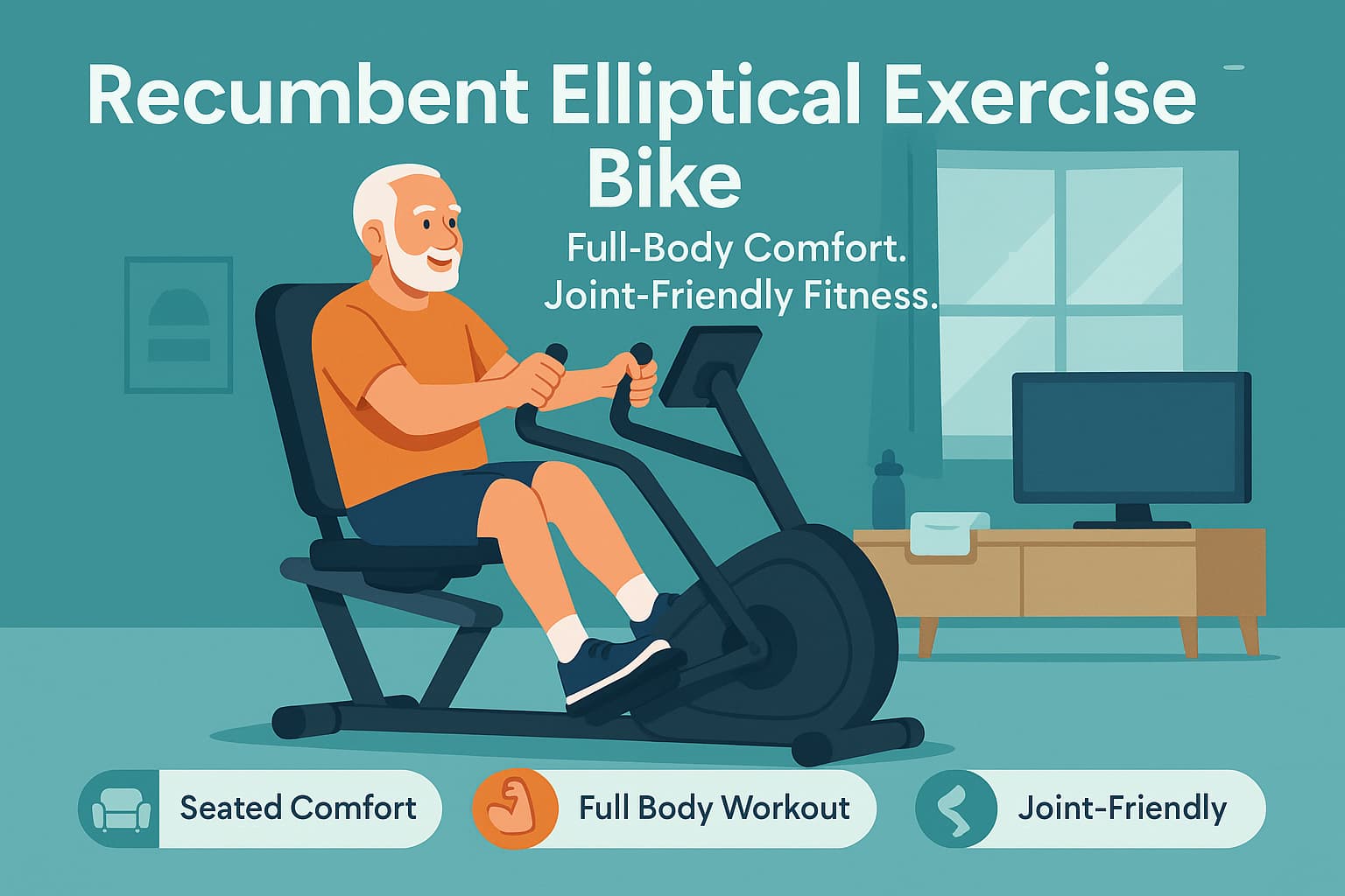 A senior using a recumbent elliptical exercise bike at home—sitting comfortably with moving handlebars and foot pedals, showcasing a joint-friendly full-body workout in a cozy indoor setting.