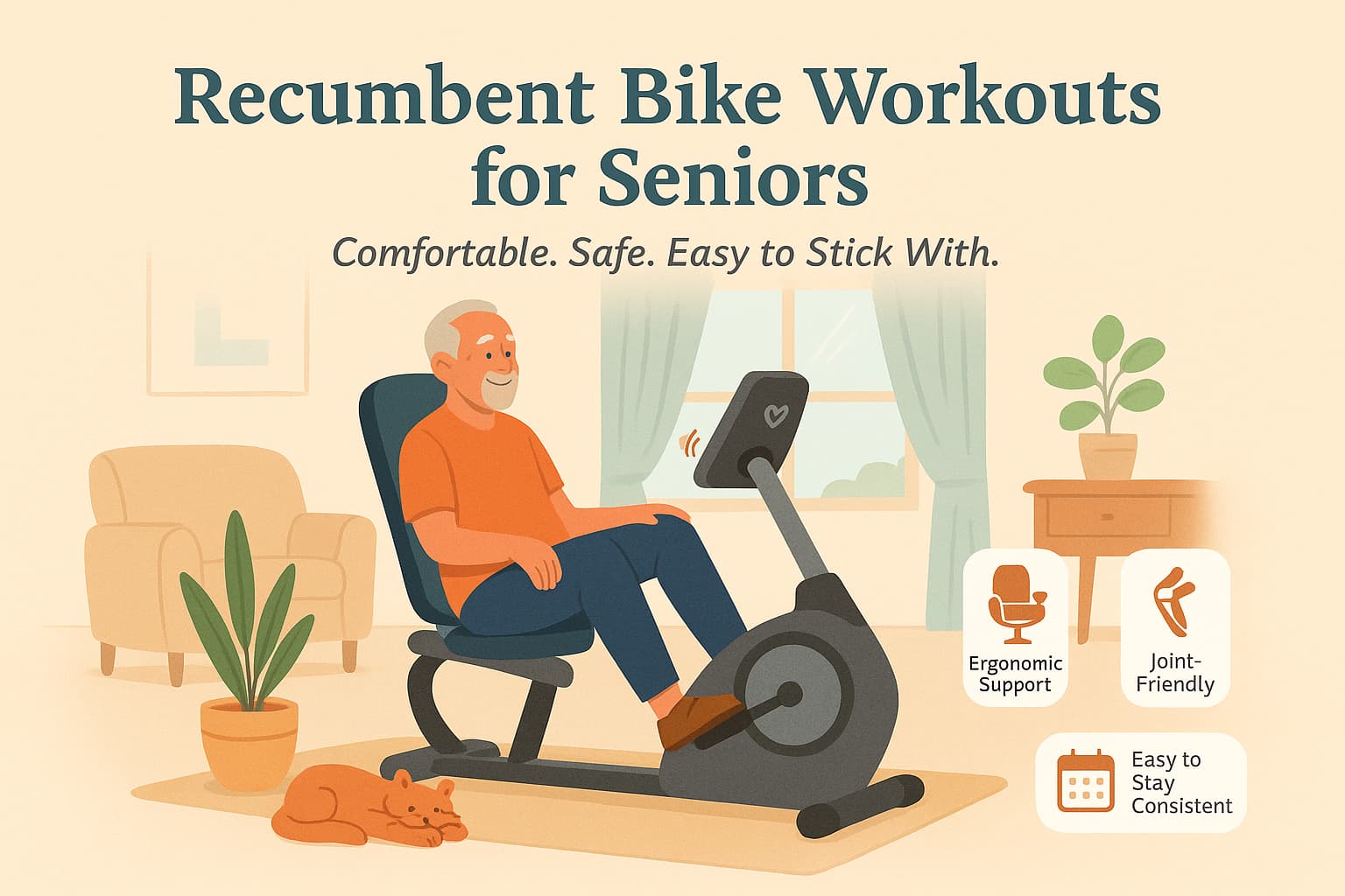 Elderly man riding a recumbent exercise bike at home with ergonomic support and a relaxed posture. The image highlights the comfort, safety, and accessibility of recumbent bike workouts for seniors
