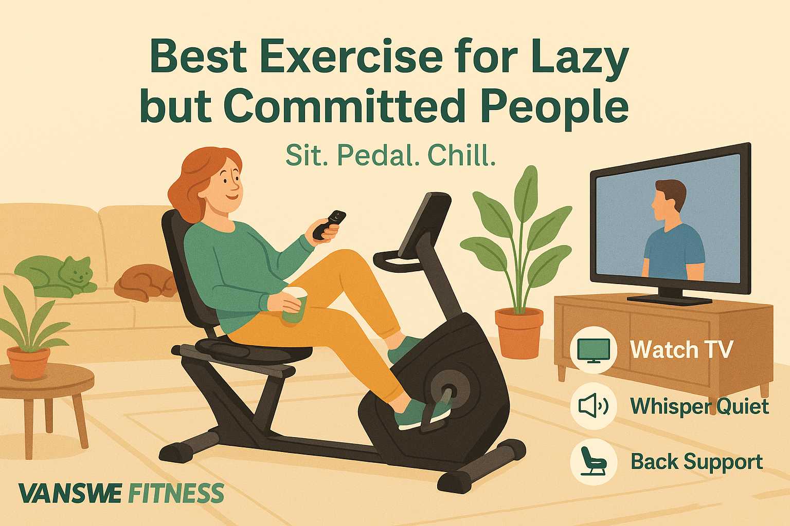 A lazy woman in home clothes pedaling a recumbent exercise bike while watching TV in a cozy living room.