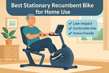A middle-aged man riding a stationary recumbent bike in a bright home gym setting, showcasing comfort, ergonomic design, and low-impact workout ideal for home use.