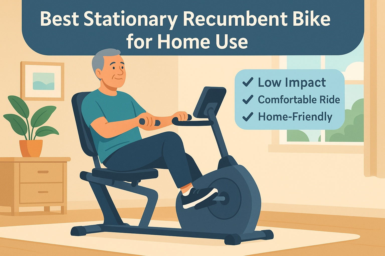 A middle-aged man riding a stationary recumbent bike in a bright home gym setting, showcasing comfort, ergonomic design, and low-impact workout ideal for home use.
