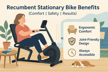 A relaxed middle-aged woman using a recumbent stationary bike in her living room with back support, showcasing comfort, safety, and home-friendly cardio fitness benefits
