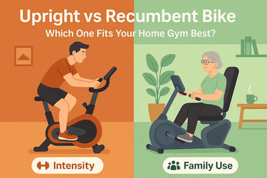 Illustration comparing upright and recumbent exercise bikes for home use. Left side shows a young man on an upright bike in a compact space. Right side shows an older woman on a recumbent bike in a cozy living room setting.