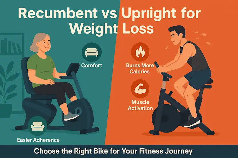 Side-by-side illustration showing a relaxed woman cycling on a recumbent bike at home and a fit man doing a high-intensity workout on an upright bike—highlighting the contrast in comfort and calorie burn.