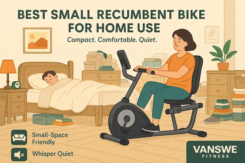 Middle-aged woman riding a compact recumbent exercise bike in a cozy living room with wooden floor, indoor plants, and TV in front.