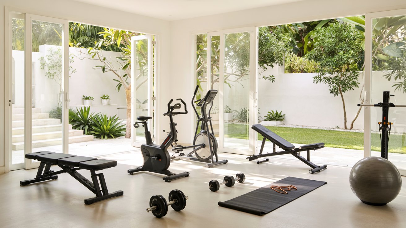 A modern indoor gym with two treadmills, a recumbent exercise bike, and an elliptical trainer.