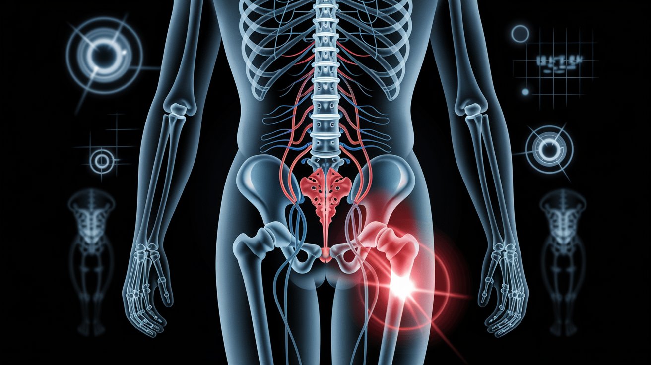A medical illustration of the human lower back and pelvis with transparent skin showing the skeletal structure and nervous system,