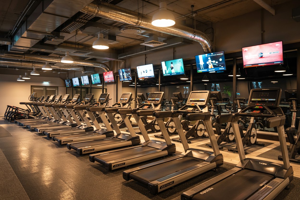 A high-end modern indoor gym with rows of treadmills and stationary bike machines arranged in parallel