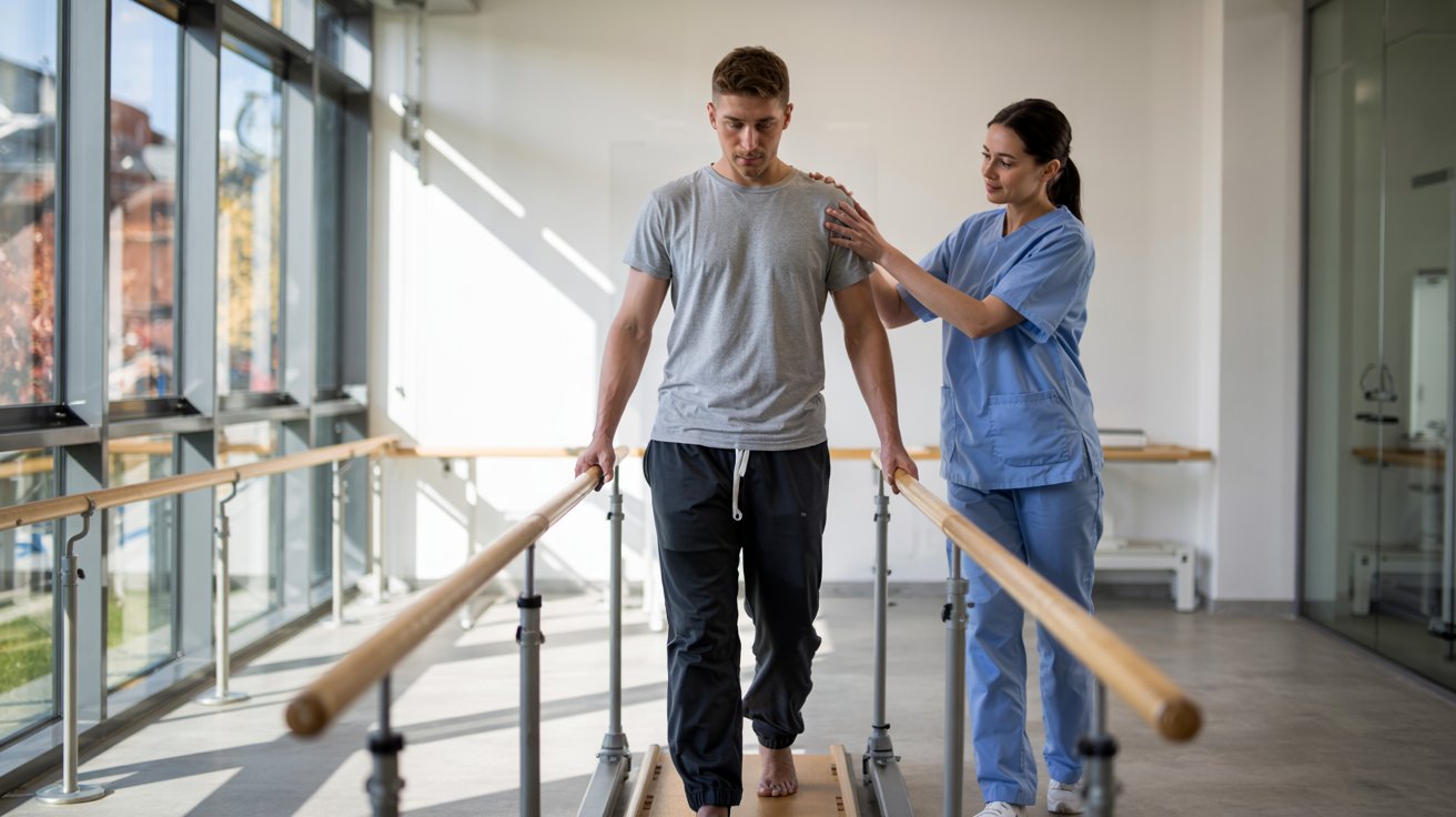 A male patient doing gait training in a modern rehabilitation center, walking barefoot between parallel bars with the support of a female physical therapist in medical scrubs.