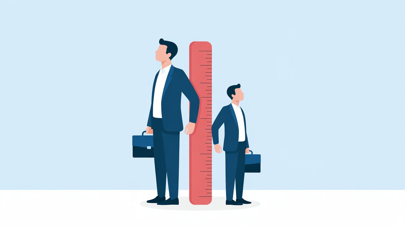 A conceptual flat-style business illustration showing two businessmen of different heights standing back-to-back on each side of a tall red ruler. 